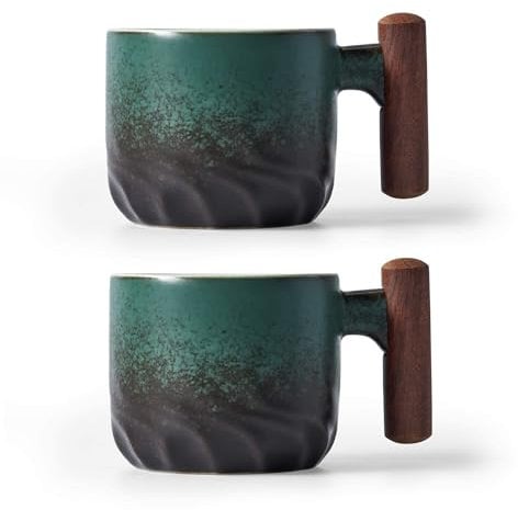 BlogBlog Ceramic Espresso Cups with Wooden Handle Espresso Shot Cups Ceramic Tea Cups Porcelain Demitasse Cups for Coffee or Tea, 3oz (green, 2)