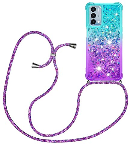 Glitzer Hülle Handykette für Samsung Galaxy A12 / M12 mit Band | Silikon Durchsichtig Transparent Flüssig Glitzer mit Kette Kordel Bumper Treibsand Necklace TPU Schutzhülle Case,Blau-Lila