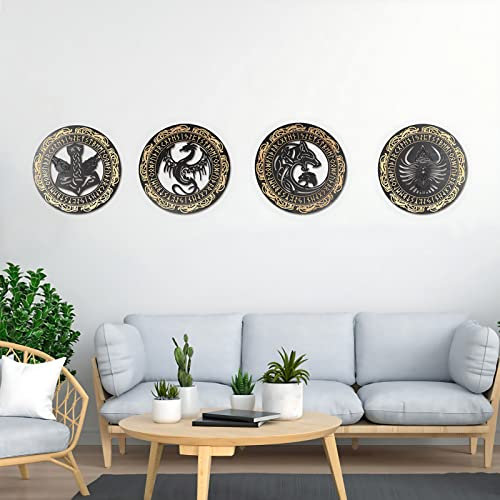 Arsey Wikinger Deko Nordische Mythologie Runen Mittelalter Wandkunst Nordischer Heilige Kreatur Thors Hammer Wolf Fenrir Drache Baum Des Lebens Symbol Wanddeko Wohnzimmer Holz, Gelb, 4 Stücke