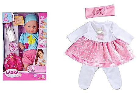 Simba 105010964 - Laura Hungry, Weichkörperpuppe & 105400002 - Laura Glitzersternchenset, Kleid mit glitzerndem Rock, Stirnband und Strumpfhose für 38cm Puppen, Babypuppen Zubehör, 3 Teile, ab 3 Jahre