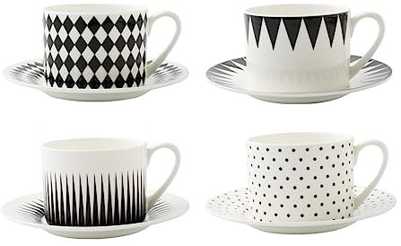 FROOWAN 8 oz Bone China Coffee Cup Set of 4, Geometric Pattern Ceramic Cups with Saucers for Iced Coffee Espresso Latte Cappuccino Tea, Reusable, Porcelain, Dishwasher and Microwave Safe
