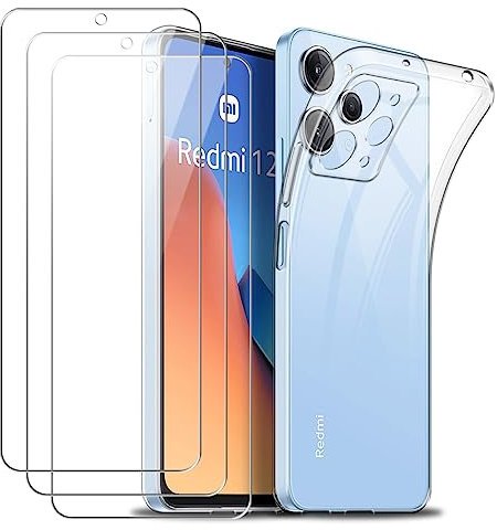 Funda para Xiaomi Redmi 12 4G con Tres Cristal Templado Protector de Pantalla, Transparente Suave TPU Protectora Carcasa para Xiaomi Redmi 12 4G 6.79