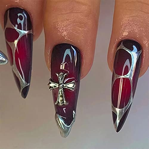 RYMAUP® 24 Stück Stiletto-Nägel zum Aufdrücken, lang, Fake, Schwarz, Rot, Kleber, Mandel-Acryl, Cooles einzigartiges Design Cross Silver Line Nail Art für Frauen und Mädchen