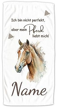 GRAZDesign Handtuch Pferd mit Namen Personalisiert Badetuch, Badehandtuch Kinder 140x70cm | Duschtuch Strandtuch Pferde Mädchen Geschenk Reiten Spruch: Ich Bin Nicht perfekt, Aber Mein Pferd