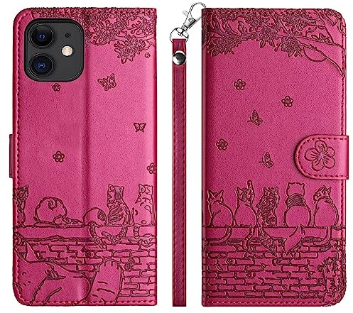 Aisenth Handyhülle für iPhone 12 Mini/13 Mini Klapphülle mit Kartenfächer | Katze mit Schmetterling Design,Standfunktion,Kartenfächer,PU Leder,3 Kartenfächer+Geldfach,Stoßfeste,Magnetische,Violett Rot