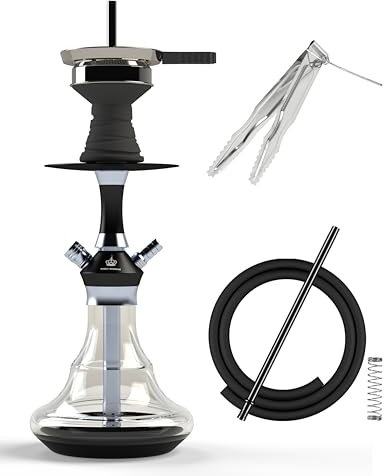 NOBLE HOOKAH Set de Cáñamo Pequeño de Viaje de 43 cm con Accesorios, Botella Soplada a Mano y Pipa de Acero Inoxidable, 1 Manguera y Asa
