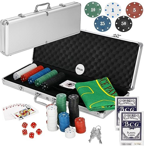 SPRINGOS Set de poker 500 jetons 2 jeux de cartes Tapis de jeu 5 dés avec mallette