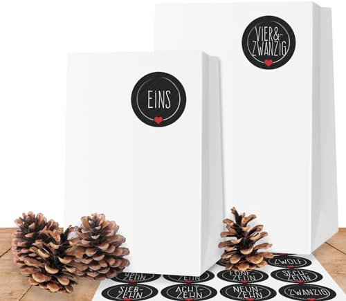 24 Adventskalender Kraftpapiertüten mit 24 weihnachtlichen Aufkleber-Zahlen „Schick & Schwarz“für den Adventskalender zum Basteln, selber Befüllen und Verschenken