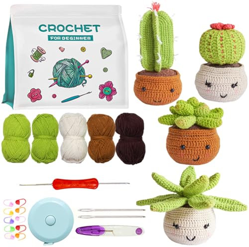 SUNNYCLUE Kit de Crochet pour Débutant Kit de Démarrage pour Plantes de Cactus au Crochet avec Tutoriels Vidéo Étape Par Étape Apprendre à Crocheter des Kits Adultes Débutants Modèles de Points de Cro