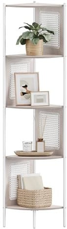 VASAGLE Eckregal mit 5 Ebenen, Bücherregal, Polyrattan-Seitenplatten, Standregal, Metallrahmen, für Wohnzimmer Schlafzimmer Arbeitszimmer Küche, 31,9 x 31,9 x 156,4 cm, haferflockenbeige LLS588K66