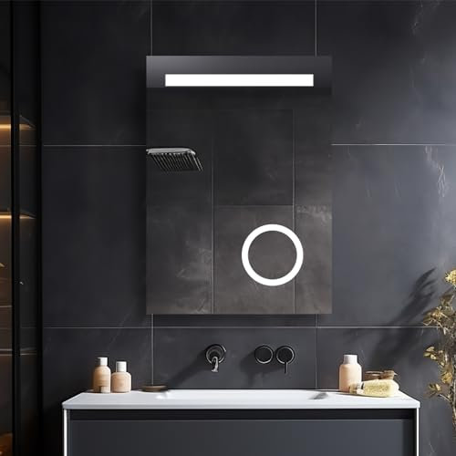 Helmetz LED Bathroom Mirror 700 x 500 mm, Light up Mirrors Shaver Socket, Illuminated Bathroom Mirror with Dimmable LED Lights, Demister, Touch, Magnifying, Vanity Mirrors Wall Mounted