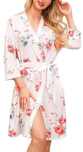 Lovasy Women's Knit Robes with Pockets,Floral White,M
