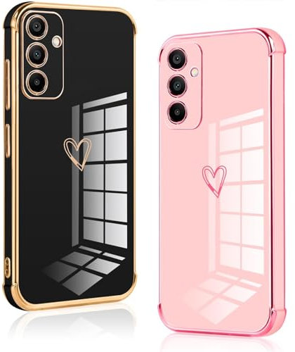 Vauki 2 Pezzi Cover per Samsung Galaxy A15 4G 6.5, Custodia con Motivo Cuore Love, Antiurto Ultra Silicone TPU Morbida Case con Protezione Della Fotocamera Ragazzi e Ragazze, Nero e Rosa