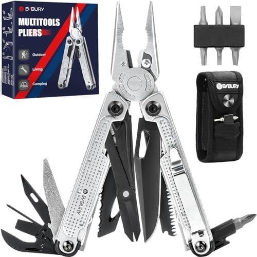 BIBURY Multitool Zange, Edelstahl Multi Tool mit verbessertem Seilschneider & Schraubenantrieb, Faltbare selbstsichernde Multitools mit Nylontasche für Camping Wandern Überleben Geschenk für Man Papa