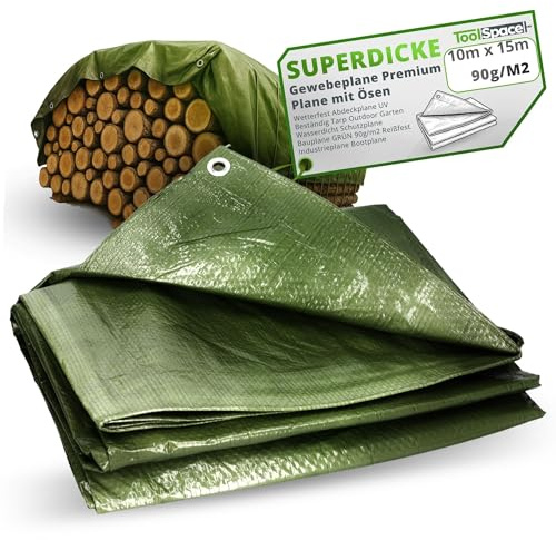 ToolSpace SUPERDICKE Gewebeplane Premium Plane mit Ösen 10x15 m Wetterfest Abdeckplane UV Beständig Tarp Outdoor Garten Wasserdicht Schutzplane Bauplane GRÜN 90g/m2 Reißfest Industrieplane Bootplane