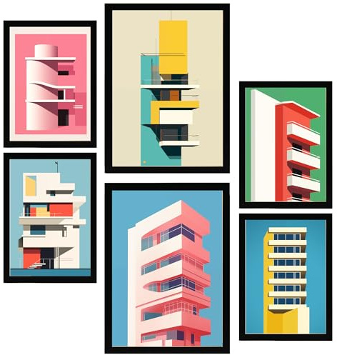 Nacnic 6er-Set Bauhaus-Rosa Gerahmtes Poster mit Design-Illustrationen zur Dekoration der Wände Ihres Zuhause Zimmer Büro Laden Malerei im A3 & A4 Schwarzer Rahmen