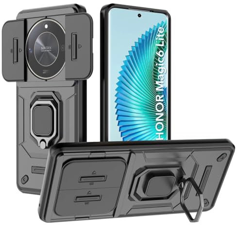 DERHAN Coque pour Honor Magic 6 Lite, Housse Résistant Aux Rayures avec Couvercle de Caméra Coulissant, Coque Antichoc avec Béquille - Noir
