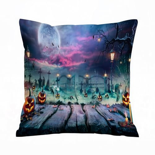 AELKSP Kissenbezug Kissenhülle Haus Dekorativ Für Jungen/Mädchen Wohnzimmer Schlafzimmer Sofa Stuhl Kissenbezüge,Halloween-Landschaft - Tisch und Friedhof in gruseliger Nacht,50x50 cm