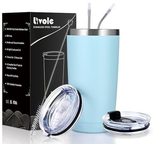 Livole 20oz Travel Mug for Cold Drinks, 600ml Insulated Vacuum Tumbler with Straw and Lid, Double Walled Coffee Cup Travel Mug, Stainless Steel Wine Tumbler for Ice Coffee, Cocktail, Light Blue