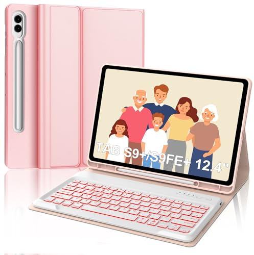 Tastatur für Samsung Galaxy Tab S10+/S9FE+/S9+, Hülle Tastatur Kompatibel mit Samsung Tab S9/S9FE/S10 Plus 12.4 Zoll 2023/2024, 7-Farbige Beleuchtung Bluetooth Magnetisch mit QWERTZ Layout, Rosa