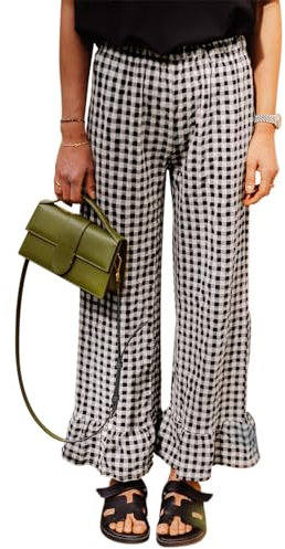FeMereina Pantalon ample imprimé à carreaux pour femme - Taille élastique - Jambe large - Imprimé vichy Y2k - Ourlet à volants, Noir , M