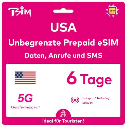 USA eSIM 6 Tage. T-Mobile Netzwerk mit Unbegrenzt Highspeed-Daten, Lokale Anrufe und SMS in den USA (Hawaii Inklusive). Erhalte eSIM Am Selben Tag per E-Mail und Beginne Sofort mit der Nutzung!