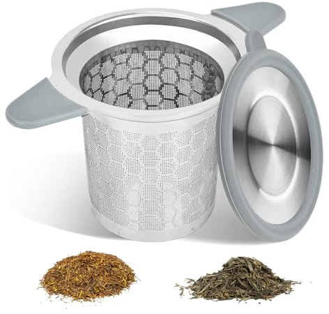 Teesieb mit Deckel Edelstahl Silber 1 Stk für Losen Tee Passend für Tassen | Extra Feinmaschiger Teefilter, Praktische Abtropfschale, Für Tee-Schalen, Spülmaschinenfest