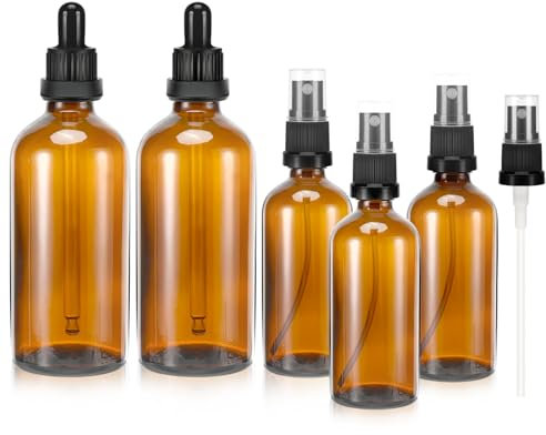 Zikenis 5-teilige Braun Zerstäuber Sprühflasche, 2x100ml 3x50ml mit UV-Schutz, Austauschbare Tropfer und Sprühspitzen, Starke Abdichtung, Tragbar, Reusable, Glas, Braun