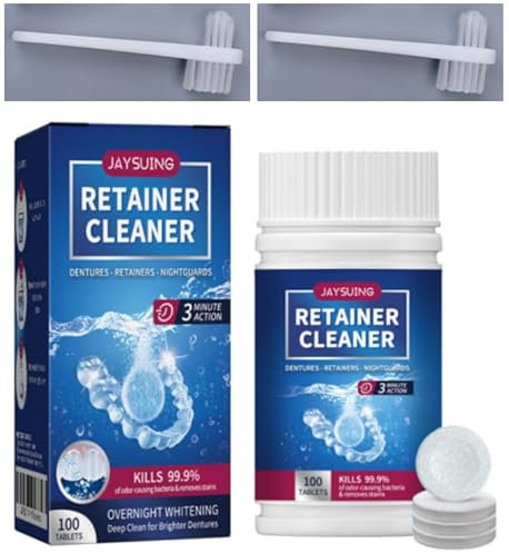 100 PCS Retainer Cleaner Tablets,Retainer Cleaning Tablets,Tablet Denture Retainer Tablets,for Cleaning Dentures & Orthodontic Dental Appliances,with 2 Denture Cleaning Brushes