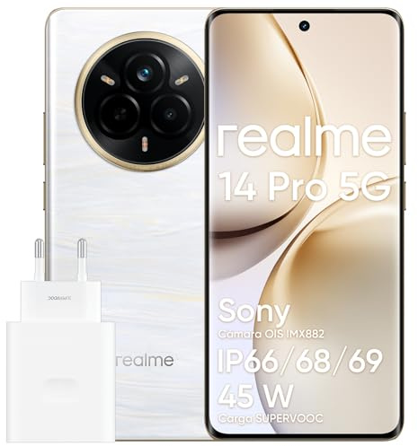 realme Smartphone 14 Pro 5G, 8 + 256 GB, chipset MediaTek Dimensity 7300, cámara OIS de 50 MP, Pantalla Curva 3D de 6,77 y 120 Hz, batería de 6000 mAh, Color Platino (con Adaptador)