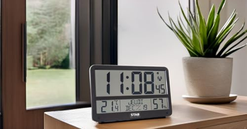 ST-DAT2 Digitaluhr mit Digitalanzeige, Tag/Monat/Jahr in Buchstaben + Zeit, Temperatur & Luftfeuchtigkeit, Alarm – Wandaufhängung oder Anbringung – 7 Sprachen, 37 × 24 × 2 cm