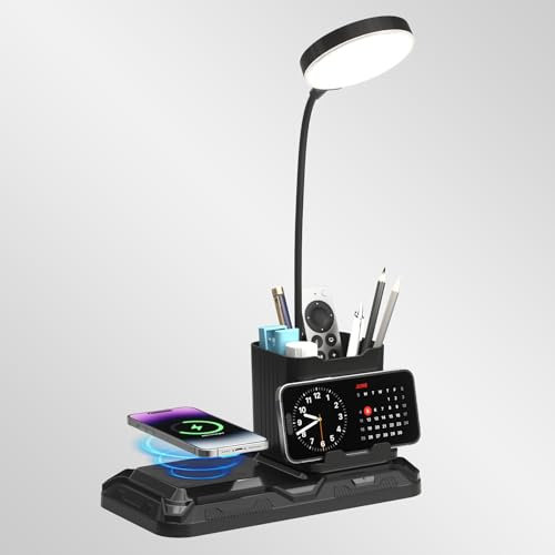 KDD 4 in 1 Desk Lamp with Wireless Charger - 360° Rotating Gooseneck Small Table Lamp with Pen Holder & Phone Stand, Adjustable White and Warm Light Dual Mode LED Desk Light for College Dorm Room