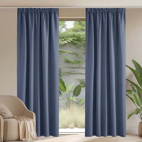 PONY DANCE Wohnzimmer Vorhang Blickdicht Kräuselband 2er Set H 245 x B 140 cm Dunstblau, Thermovorhang Hitzeschutz Verdunklungsvorhänge für Schienensystem Gardinen Verdunkelnd