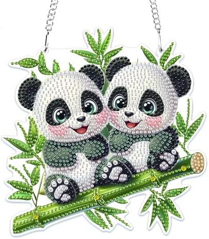 MOGTAA 5D Panda Diamond Painting Anhänger, Tiere Diamond Painting mit Kette Kinder Erwachsene, Diamant Painting Fensterbilder, Hängende Ornament Bastelset Set für Wand Und Eingang Decor