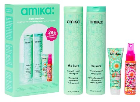 amika mane menders strength hair care set - full size the kure strength shampoo + conditioner, mini intense moisture hair mask + the wizard silicone-free detangling + heat protection spray (4 pieces)