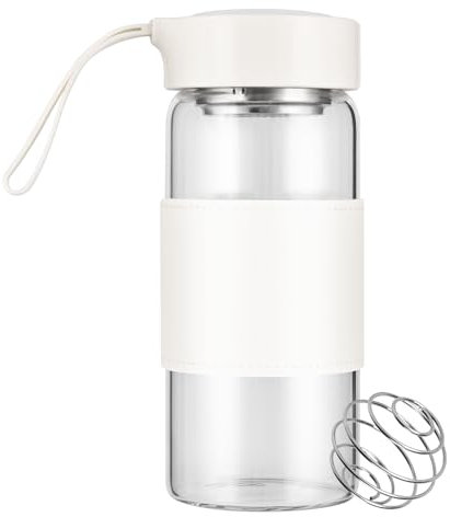 Yamobi Shaker Glas, 16 oz vaso de proteína sin BPA y sin olores con tamiz integrado y bola mezcladora de acero inoxidable para fitness y batidos de proteínas, a prueba de fugas (Blanco)