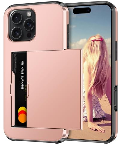Coolden for iPhone 16 Pro Max Case with Card Holder Armor Shockproof Heavy Duty Protective Hard PC Back Soft TPU Bumper Hidden Card Slot Wallet Cover for iPhone 16 Pro Max Phone Case (Rose Gold)