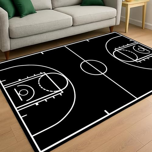 Basketballfeld-Teppich, 60x110cm Cooler Schwarzer Sportteppich, Weiche, Waschbare Fußmatte Mit Rutschfester Unterseite, Kinderzimmerteppich für Jungen, Wohnzimmer, Schlafzimmer und Spielzimmer