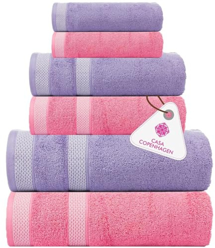 Casa Copenhagen Solitaire Ensemble de Serviettes 6 pcs, Violet-Rose -Rose, 600 g/m², 2 Bain, 2 à Main, 2 Gants de Toilette, fabriqué en Doux Coton égyptien pour Salle de Bain, Cuisine et Douche