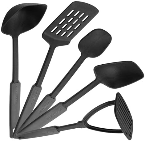 FACKELMANN Küchenhelfer-Set Statement – Kochlöffel, Schlitzwender, Kartoffelstampfer, Servierlöffel, Schöpflöffel, Hitzebeständig bis 270°C, Spülmaschinengeeignet, Designed in Germany