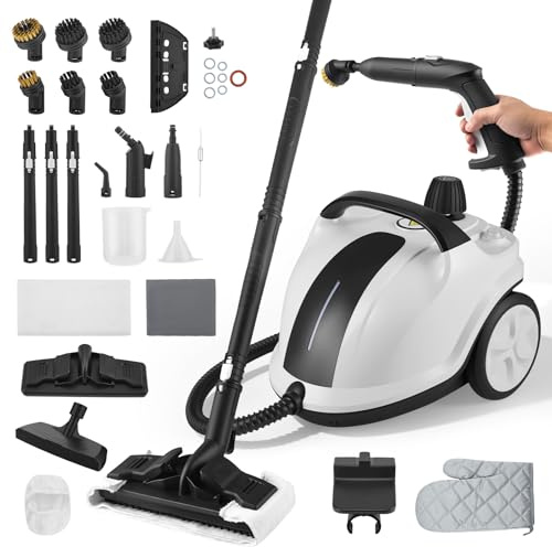 Nettoyeur Vapeur Portable 2000W avec Pression 5 Bar - Réservoir 2 Litres pour 100m² Surface - Set Accessoires 18 Pièces - Nettoyage Tapis Sol Carrelage Fenêtre Tissu Auto