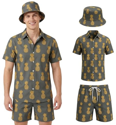 Joyesplay Hawaii Hemd Männer 3 Pcs Hawaii Outfit Herren mit Flamingo Hemd Shorts Fischerhut Hawaii Hemden für Sommer Beach Hemd Poolparty (Ananas, L)