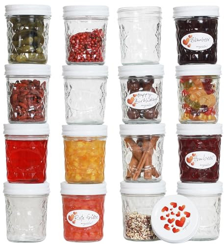 megusta!® 16 bocaux motif diamant | 200 ml | couvercle motif cœur | pots à confiture, pour dessert, purée de bébé | cuisson + congélation | + 16 étiquettes