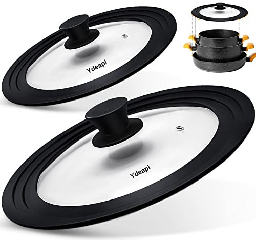 Ydeapi Universal Lids for Pots, Pans & Skillets - Fits 7, 8 & 9 Diameter, 10, 11 & 12 Diameter Cookware, Tempered Glass with High Heat Resistant Silicone Rim (2PK)