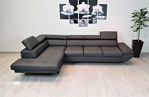 Quattro Meble Dunkelgraues Echtleder Ecksofa Varsovia Pik 305 x 193 cm Sofa Couch mit Schlaffunktion und Kopfstützen Echt Leder Eck Couch viele Farben (Ecke Links 193 x 305 cm)