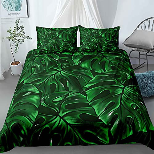 LSYW Bettwäsche 135x200 GrüNe Monstera Bettwäsche-Set mit Reißverschluss Schließung für Kinder Mädchen Weicher Atmungsaktive Mikrofaser Bettbezug + 2 Kopfkissenbezug 80x80 cm