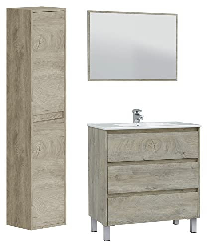 HOMN LIVING Mueble de Baño Devin con 3 Cajones, Espejo, Columna 2 Puertas y Lavabo PMMA, Acabado en Alaska, 80 cm (Ancho) x 45 cm (Fondo) x 86 cm (Alto)
