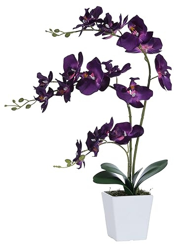 YSZL Faux Orchid in Vase Artificial Orchid in Ceramic Vase Tall Silk Orchids with Stems Real Look Phalaenopsis Flowers Arrangement Centerpiece Table Decorations for Home Decor Indoor, Dark Purple