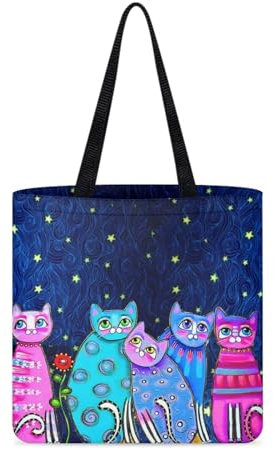 KUIFORTI Canvas Tote Bags for Women Reusable Grocery Bags Large Dirty Clothes Bag Portable Shopping Handbag, Galaxy Nigh Cat, Einheitsgröße