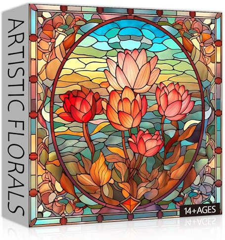 PICKFORU Stained Glass Flower Puzzles for Adults 1000 Pieces, Vintage Art Puzzles Floral, Impossible Hard Challenging Puzzles for Adults, Colorful Stained Glass Jigsaw Puzzle